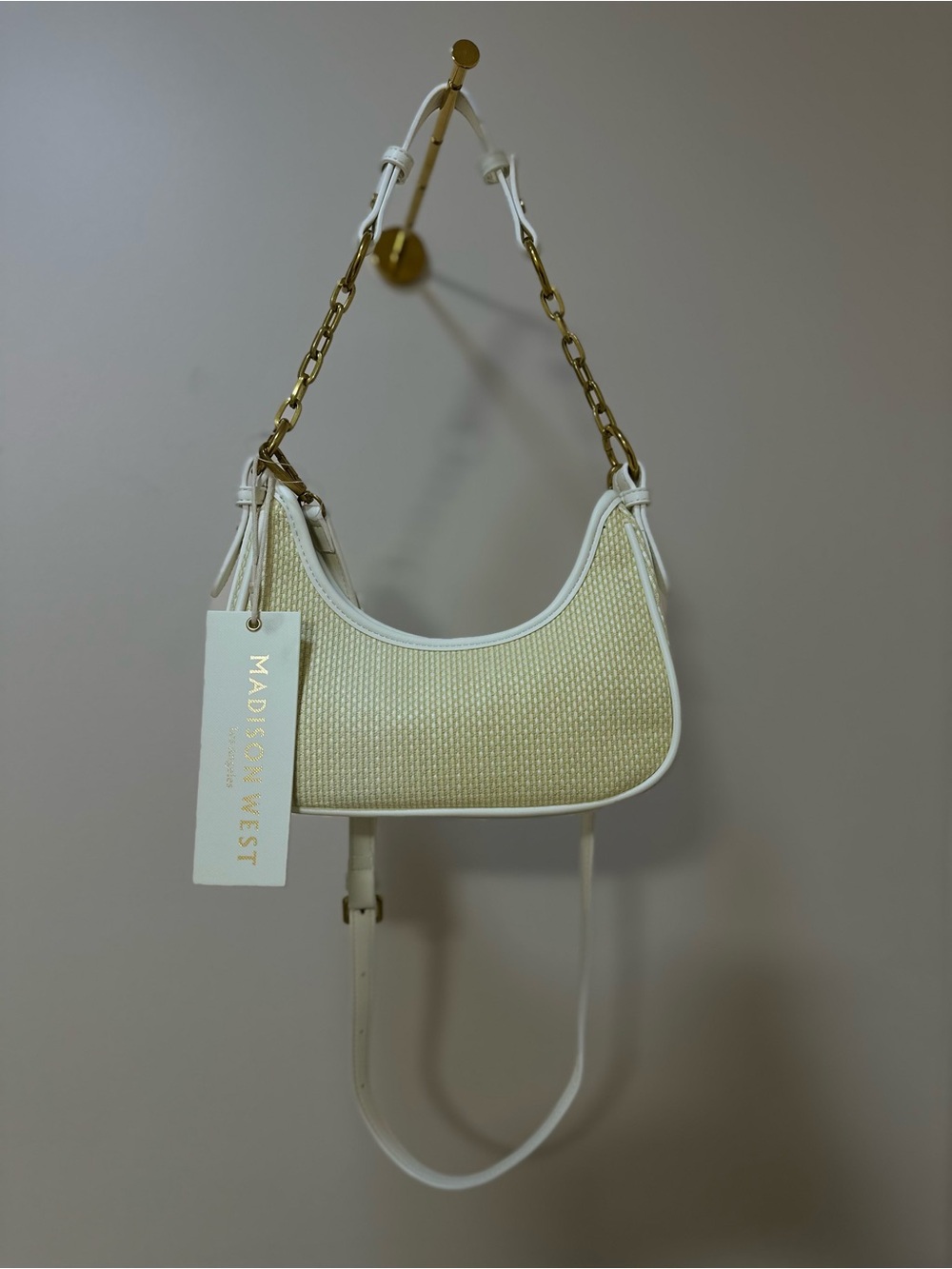 Madison West Soraya Straw Shoulder Bag Cream Gold Chain NWT
